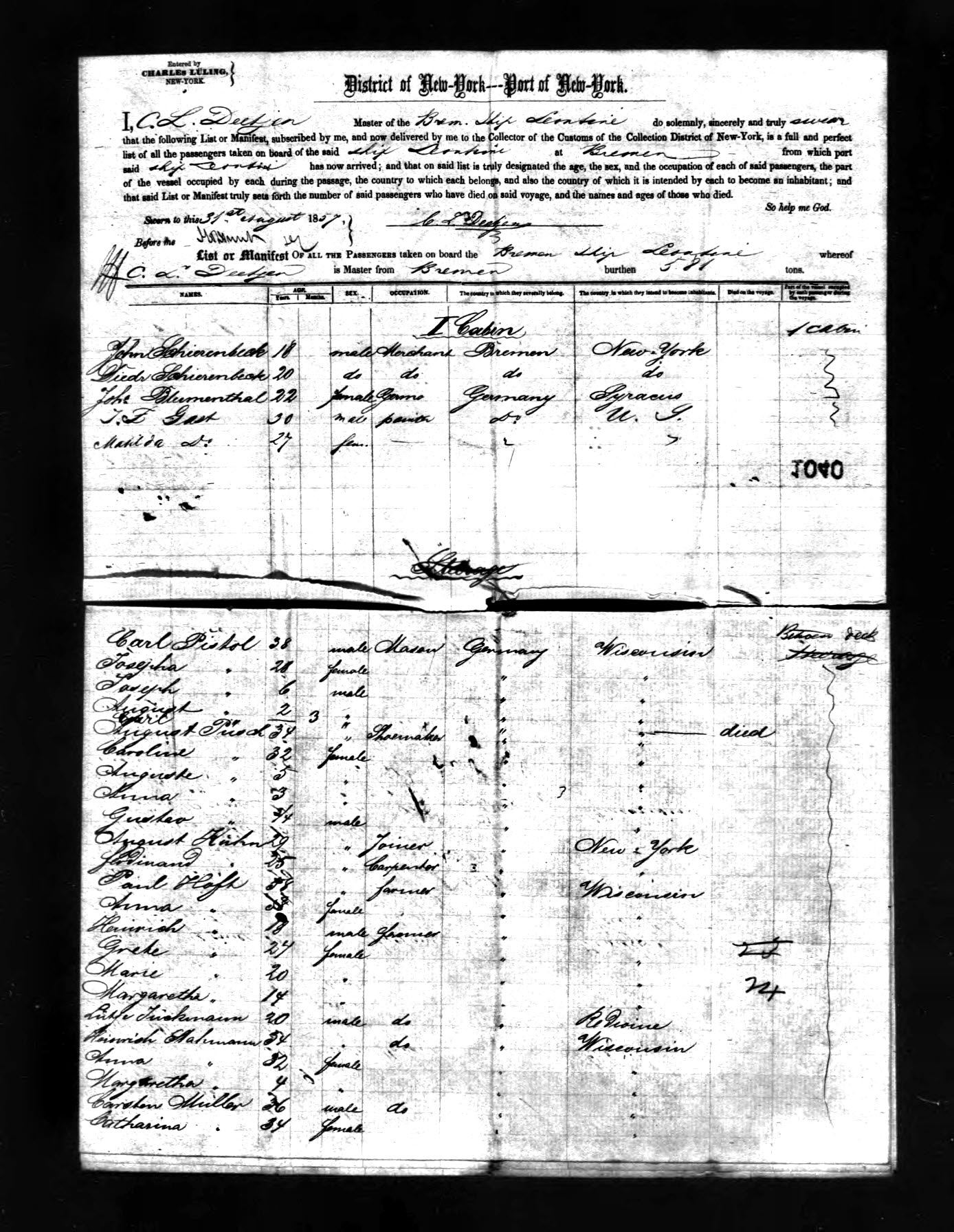 1857 passenger list with Joseph Freiler 1