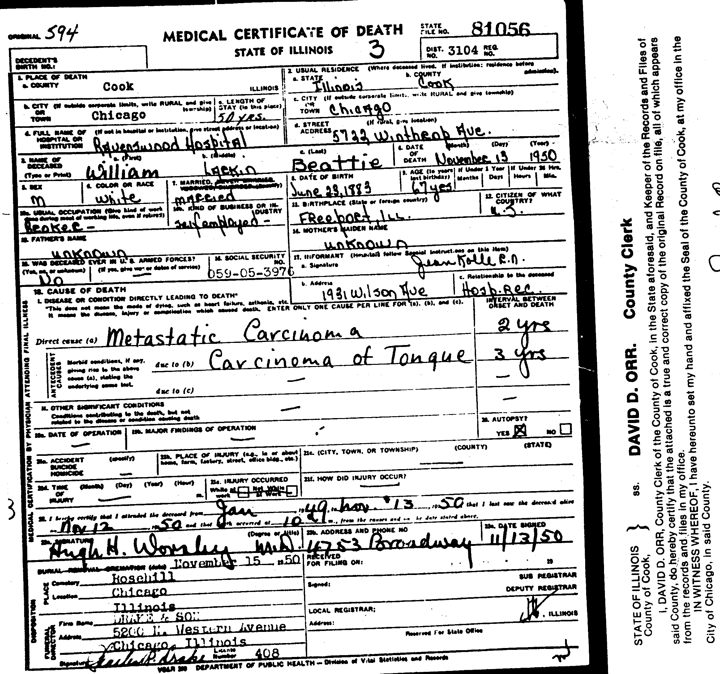 William L Beattie death certificate