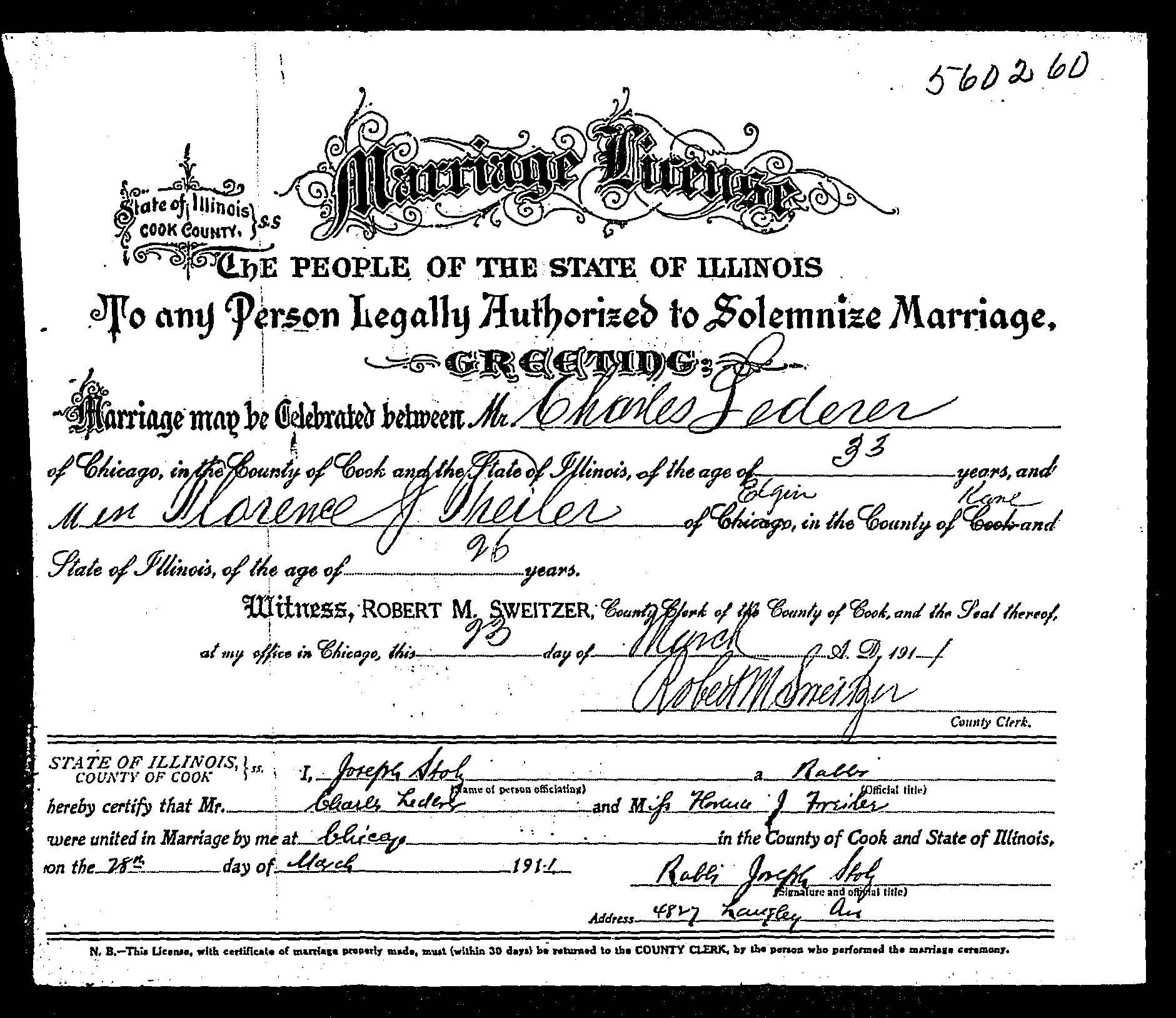 Florence Freiler and Charles Lederer marriage certificate, 28 March 1911