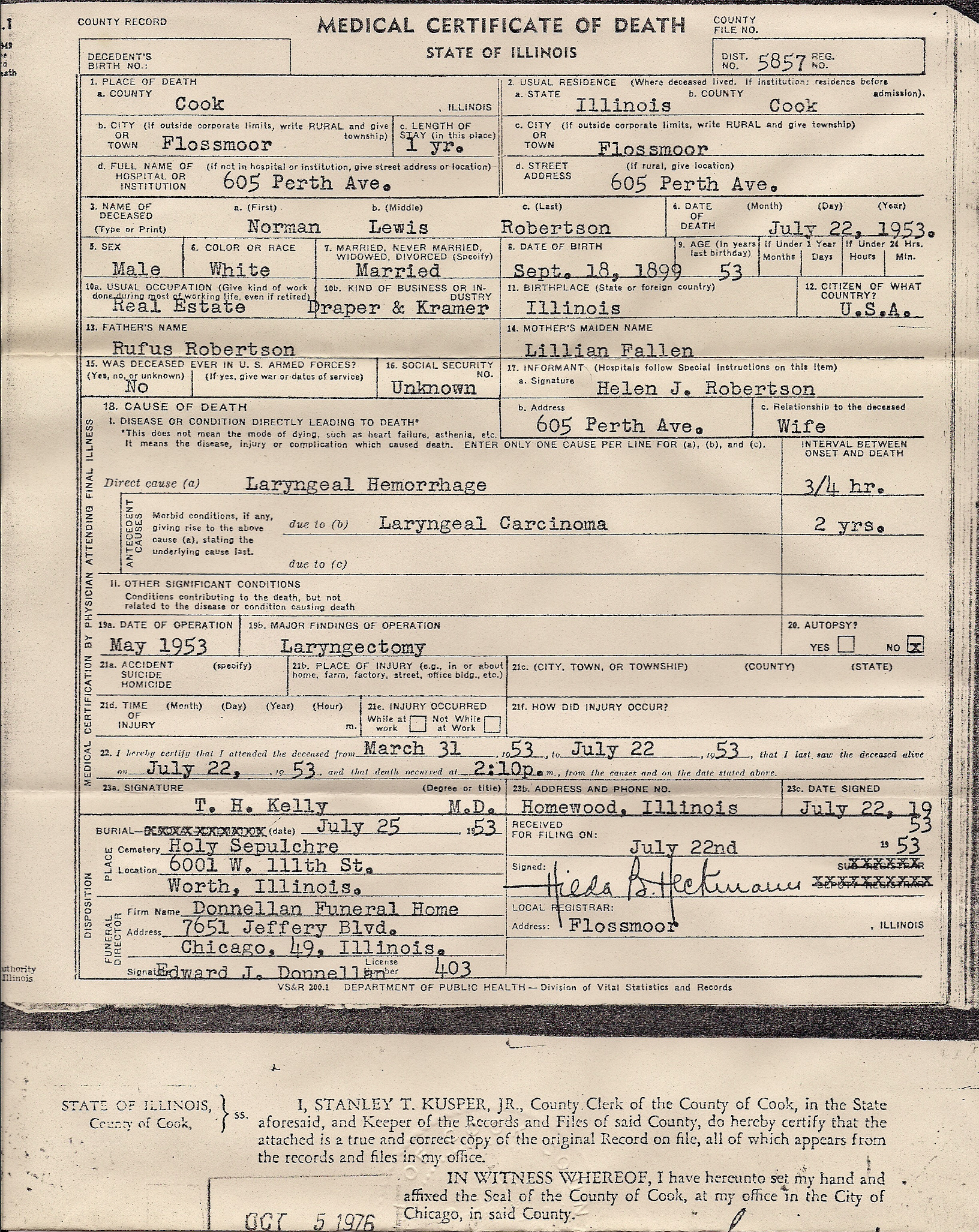 Norman Robertson death certificate