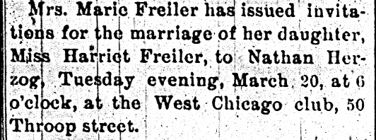 Harriet Frieler wedding announcement, 19 March 1894