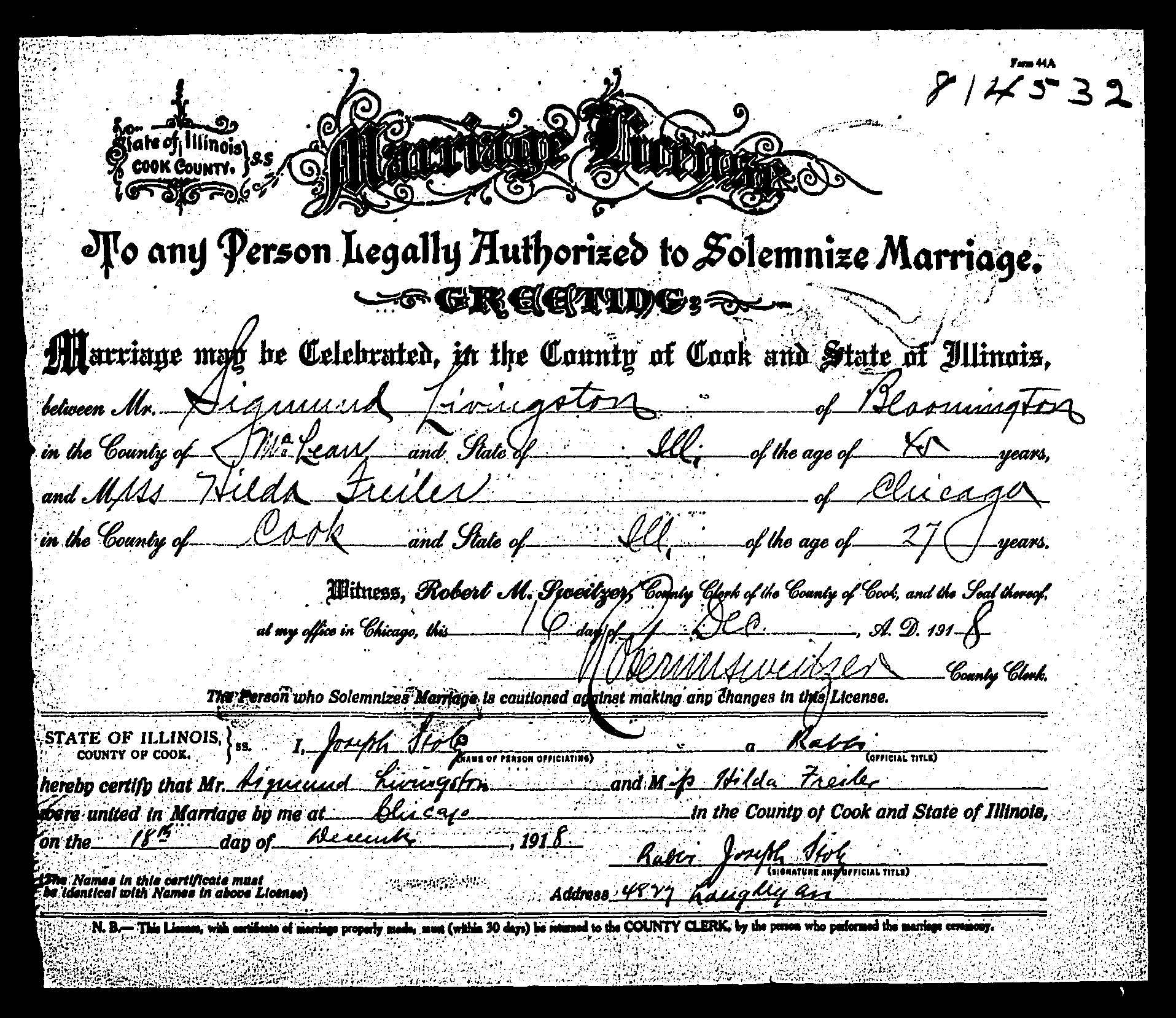 Sigmund Livingston and Hilda Freiler marriage certificate, 18 December 1918