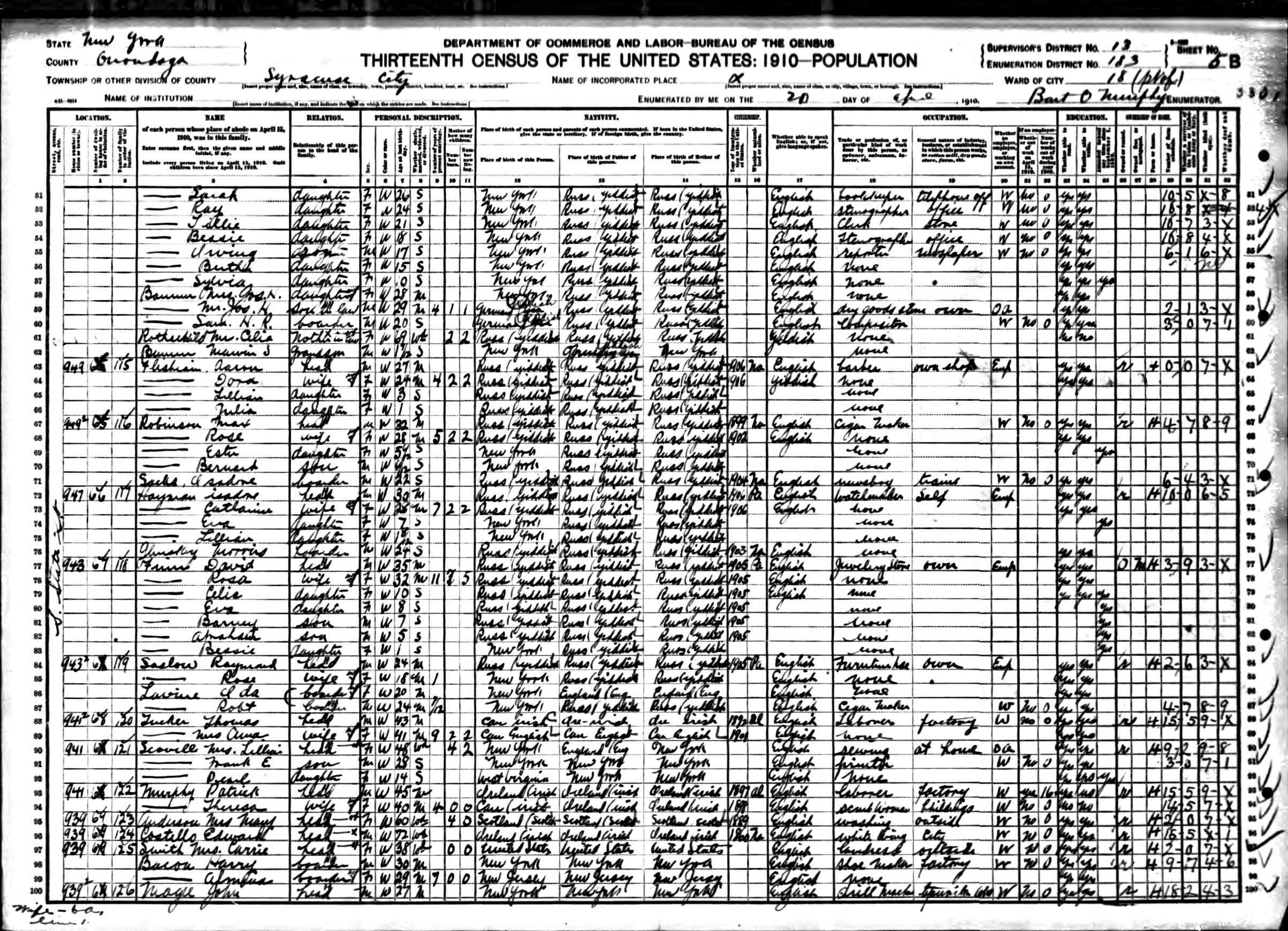 Raymond Saslow family 1910 US census