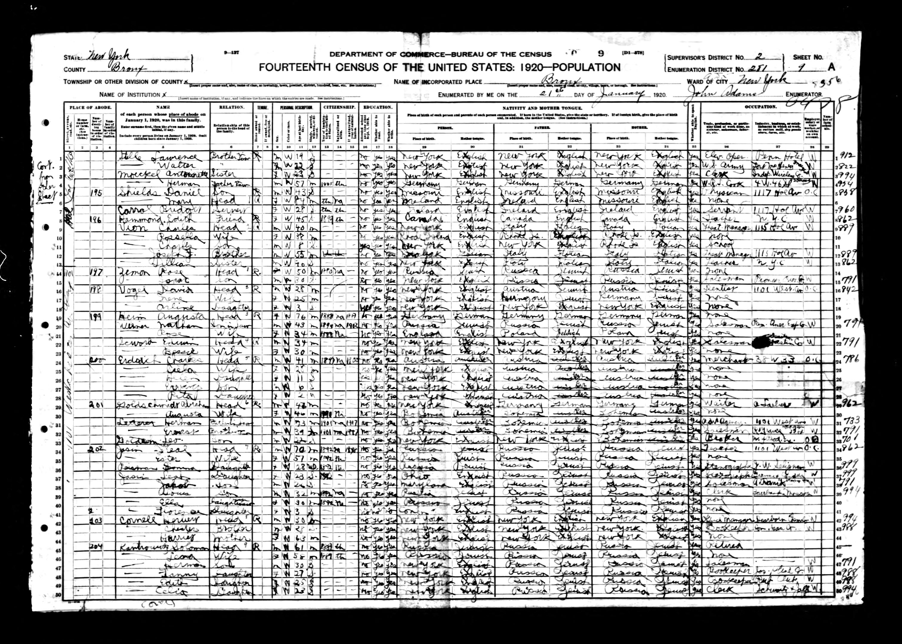 1920 US census Rose Zemon family