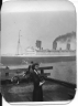 Laura Strong by the HMS Queen Mary, New York City, about 1949